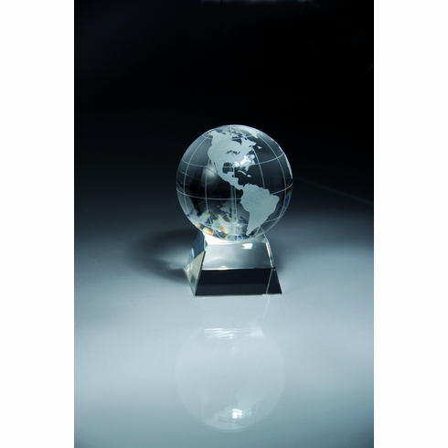 OPTICAL CRYSTAL GLOBE AWARD GIFT BOXED. SIZE 3 INCH GLOBE 3 INCH X 4 1/2