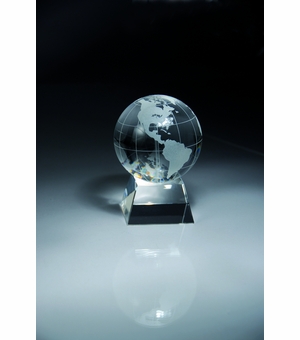 OPTICAL CRYSTAL GLOBE AWARD GIFT BOXED. SIZE 3 INCH GLOBE 3 INCH X 4 1/2