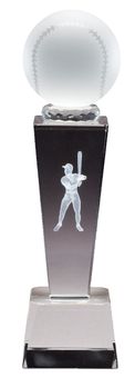 8 3/4" x 2 1/2" CRYSTAL MALE BASEBALL TROPHY WITH LASER ENGRAVED FIGURE INSIDE CRYSTAL