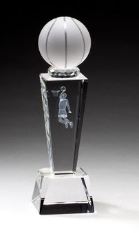8 3/4" x 2 1/2" CRYSTAL MALE BASKETBALL TROPHY WITH LASER ENGRAVED FIGURE INSIDE CRYSTAL