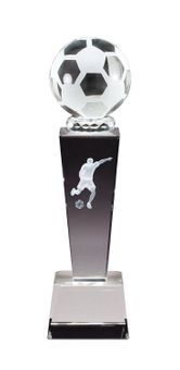 8 3/4" x 2 1/2" CRYSTAL MALE SOCCER TROPHY WITH LASER ENGRAVED FIGURE INSIDE CRYSTAL