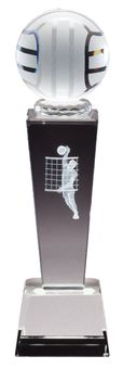 8 3/4" x 2 1/2" CRYSTAL MALE VOLLEYBALL TROPHY LASER ENGRAVED FIGURE INSIDE CRYSTAL