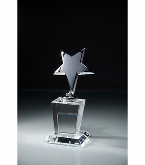 OPTICAL CRYSTAL TROPHY WITH POLISHED METAL SILVER STAR GIFT BOXED SIZE 3 INCH X 7 1/2 INCH WITH SILVER PLATE FOR ENGRAVING
