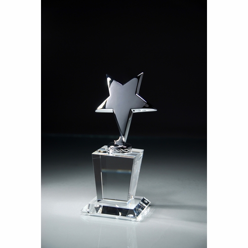 OPTICAL CRYSTAL TROPHY WITH POLISHED METAL SILVER STAR GIFT BOXED SIZE 3 INCH X 7 1/2 INCH WITH SILVER PLATE FOR ENGRAVING