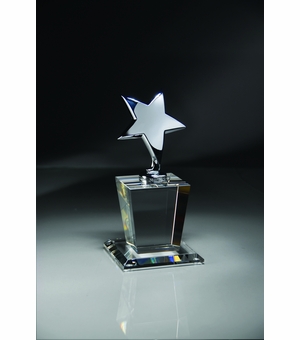 OPTICAL CRYSTAL TROPHY WITH POLISHED METAL SILVER STAR, SIZE 4 X 8 INCH