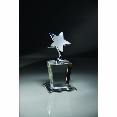 OPTICAL CRYSTAL TROPHY WITH POLISHED METAL SILVER STAR, SIZE 4 X 8 INCH