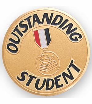The front image of this 2 inch in diameter etched-enameled insert medallion depicts an artistic black and gold image of a person standing out of a long line of other people, with 'Outstanding Associate' written above and below them. This insert comes with a peel-and-stick feature on its back for easy application, and comes available only in gold.