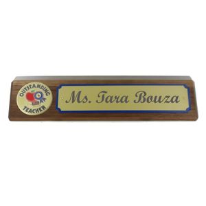 10-1/2" x 3" OUTSTANDING TEACHER GENUINE WALNUT DESK BLACK WITH GOLD ALUMINUM NAME PLATE