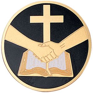 2-Inch in Diameter Round Etched-Enameled Metal 'Partners in Faith' Medallion Insert in Gold with Peel-and-Stick Back
