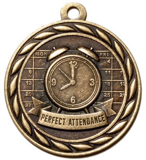Metal 2-Inch in Diameter Round Perfect Attendance Medal with Cutomizable Back in Antique Brass