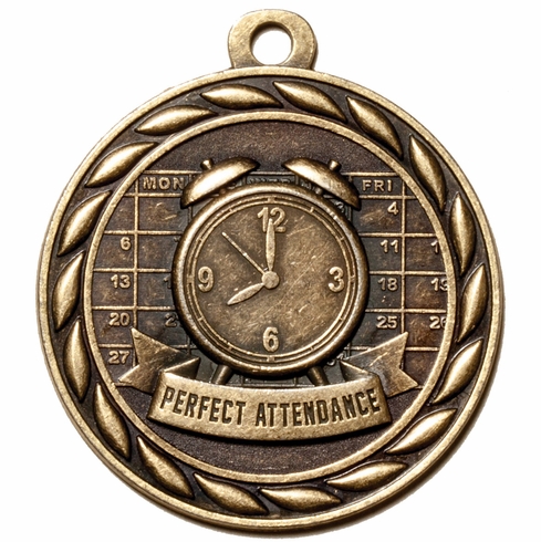 Metal 2-Inch in Diameter Round Perfect Attendance Medal with Cutomizable Back in Antique Brass