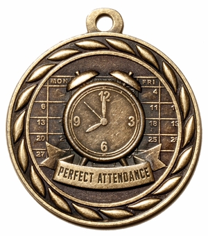 Metal 2-Inch in Diameter Round Perfect Attendance Medal with Cutomizable Back in Antique Brass