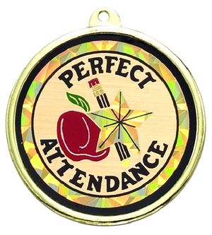 2-1/4 Inch in Diameter Round Perfect Attendance Medal with Mylar Detailing and Customizable Back
