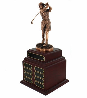 PERPETUAL FEMALE GOLF TROPHY DOUBLE ROSEWOOD BASE, 16 NAME PLATES
