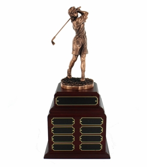 PERPETUAL FEMALE GOLF TROPHY DOUBLE ROSEWOOD BASE, 24 NAME PLATES 
