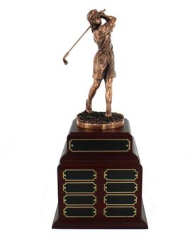 PERPETUAL FEMALE GOLF TROPHY DOUBLE ROSEWOOD BASE, 32 NAME PLATES