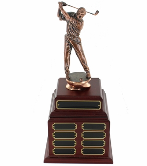 PERPETUAL MALE GOLF TROPHY DOUBLE ROSEWOOD BASE, 24 NAME PLATES 