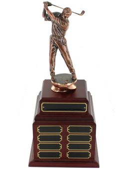 PERPETUAL MALE GOLF TROPHY DOUBLE ROSEWOOD BASE, 32 NAME PLATES