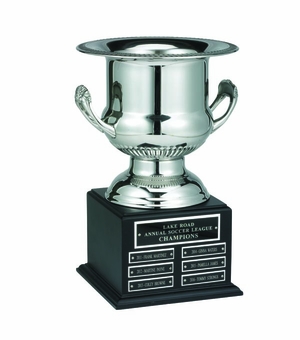PERPETUAL SILVER WINE COOLER TROPHY ON BLACK BASE WITH 30 MULTIPLE PLATES