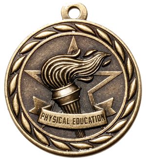Metal 2-Inch in Diameter Round Physical Education Medal with Cutomizable Back in Antique Brass