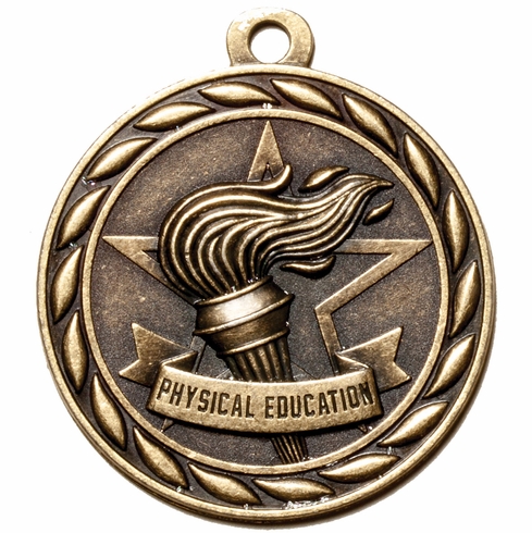 Metal 2-Inch in Diameter Round Physical Education Medal with Cutomizable Back in Antique Brass