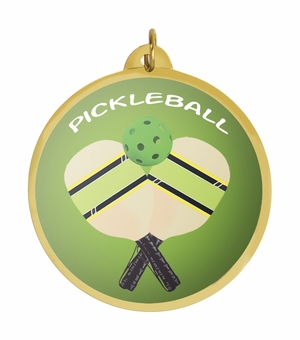 2-1/4 Inch in Diameter Round Pickleball Medal with Mylar Detailing and Customizable Back