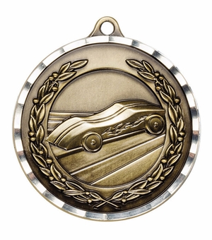 2 Inch Brass Pinewood Derby Themed Medal with Customizable Back in Gold, Silver, or Bronze