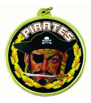 2-1/4 Inch in Diameter Round 'Pirates' Themed Sports Medal in Gold with Mylar Detailing and Customizable Back