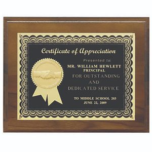 8 x 10 Inch Walnut Finish Plaque with Black Plate, Gold Ribbon, and Trim-Takes 2 Inch Insert
