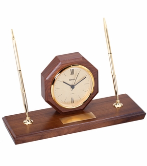 QUARTZ DESK CLOCK WITH TWO METAL PENS AND BRASS ENGRAVING PLATE