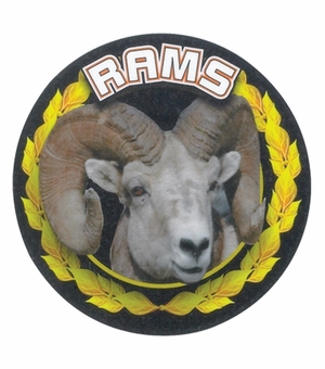 2 Inch in Diameter Round 'Rams' Mascot Gold and Mylar Sports Insert