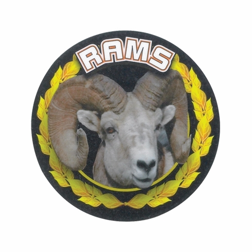 2 Inch in Diameter Round 'Rams' Mascot Gold and Mylar Sports Insert