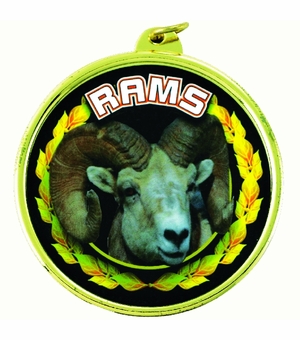 2-1/4 Inch in Diameter Round 'Rams' Mascot Gold and Mylar Sports Medal with Customizable Back