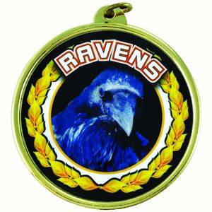 2-1/4 Inch in Diameter Round 'Ravens' Themed Gold and Mylar Medal with Customizable Back