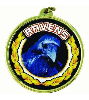 2-1/4 Inch in Diameter Round 'Ravens' Themed Gold and Mylar Medal with Customizable Back
