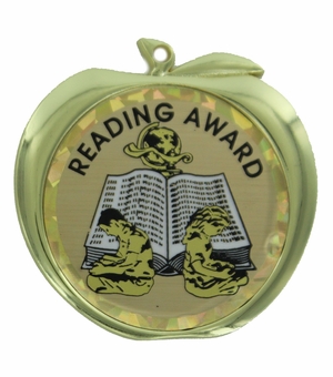 2-1/2 Inch Reading Award Themed Apple Medal in Gold