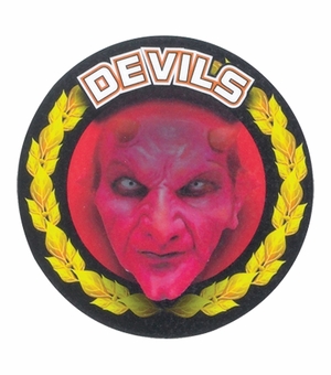 2 Inch in Diameter Round Red 'Devils' Themed Gold and Mylar Sports Insert