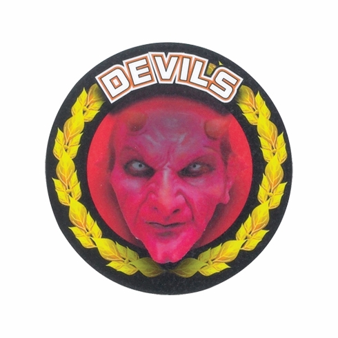 2 Inch in Diameter Round Red 'Devils' Themed Gold and Mylar Sports Insert
