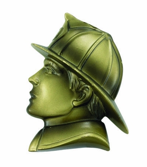 RESIN FIREMAN HEAD ANTIQUE BRASS, 3-1/2