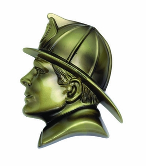 RESIN FIREMSN HEAD ANTIQUE BRASS, 7-3/4X5-3/4