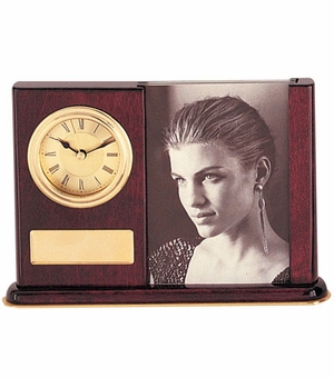 ROSEWOOD DESK CLOCK PHOTO FRAME WITH PLATE