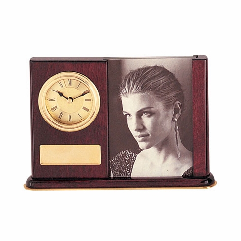 ROSEWOOD DESK CLOCK PHOTO FRAME WITH PLATE