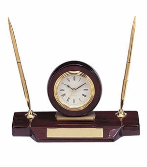 ROSEWOOD DESK CLOCK WITH 2 PENS AND PLATE