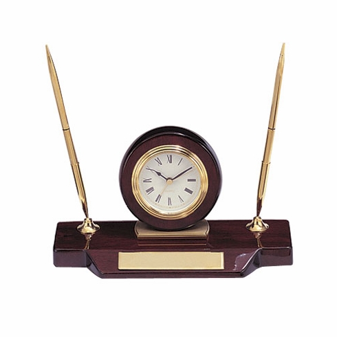 ROSEWOOD DESK CLOCK WITH 2 PENS AND PLATE