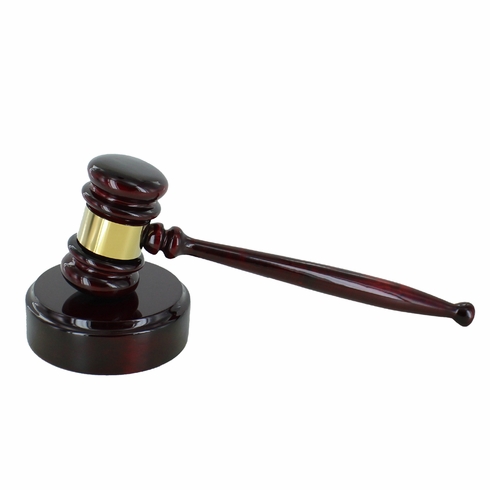 ROSEWOOD PIANO FINISH GAVEL AND BLOCK WITH BRASS ENGRAVABLE BAND 10 INCH GAVEL 4 INCH BLOCK. INDIVIDUAL BOXES.