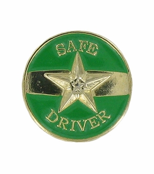 3/4 Inch in Diameter Die-Struck Enameled Gold Plated 'Safe Driver' Pin