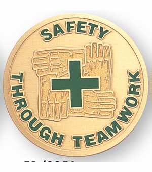 2-Inch in Diameter Round Etched-Enameled Metal 'Safety Through Teamwork' Medallion Insert in Gold with Peel-and-Stick Back