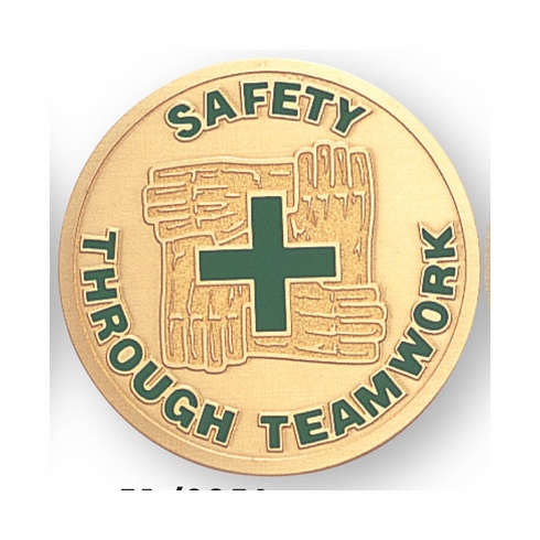 2-Inch in Diameter Round Etched-Enameled Metal 'Safety Through Teamwork' Medallion Insert in Gold with Peel-and-Stick Back