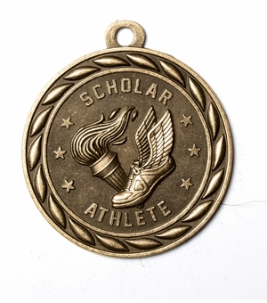 Metal 2-Inch in Diameter Round Scholar Athlete Medal with Cutomizable Back in Antique Brass