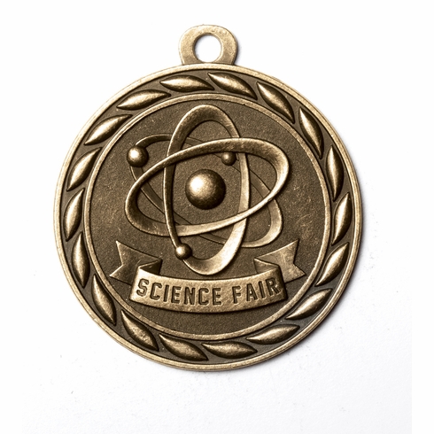 Metal 2-Inch in Diameter Round Science Fair Medal with Cutomizable Back in Antique Brass